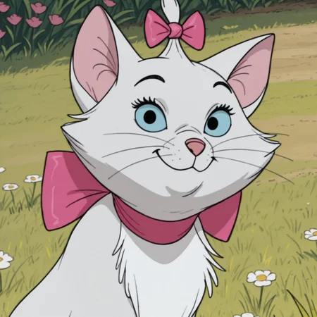uncensored, masterpiece, best quality, highly detailed, realistic, solo, MarieAT, furry, feral, feline, cat, pink inner ear, black eyebrows, light-blue sclera, black eyes, pink nose, white body, white fur, white chest tuft, pink bow ribbon, neck bow, bow accessory, whiskers, upper body, sitting, close-up, smile, closed mouth, looking at viewer, grass, flowers, backyard, detailed background