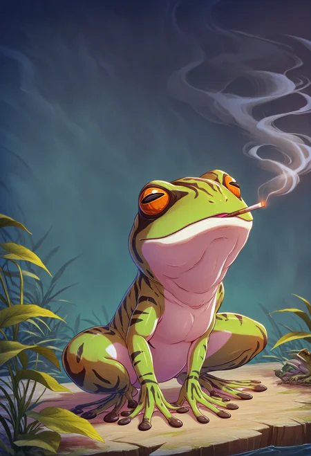 <lora:SDXL\Illustrious\MitsuArtXL.safetensors:1.0:1.0> <lora:SDXL\Illustrious\ComfyUI_itercomp_00001_.safetensors:1.0:1.0>frog,solo, no_humans, squatting, plant, smoke, smoking, frog, dinosaur, lizard BREAK mitsuartstyle,masterpiece, absurdres, aesthetic, best quality,