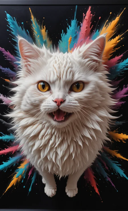a white cute fluffy cat in dark back ally, (3D Framed, Cat), with mind blowing depth and foreground clarity, abstract details, distinctive visuals, Intricate and Exquisite Definition, Painstaking Attention To Details (Very Intricate), (UHD), <lora:3D_Framed_Wall_Art_-_By_DICE:1>, (3D Framed, Cat), (Unreal Details), (Exquisite intricacies)  <lora:Colorful_Powder_Explosion_-_By_DICE:1>, Colorful Powder Explosion,