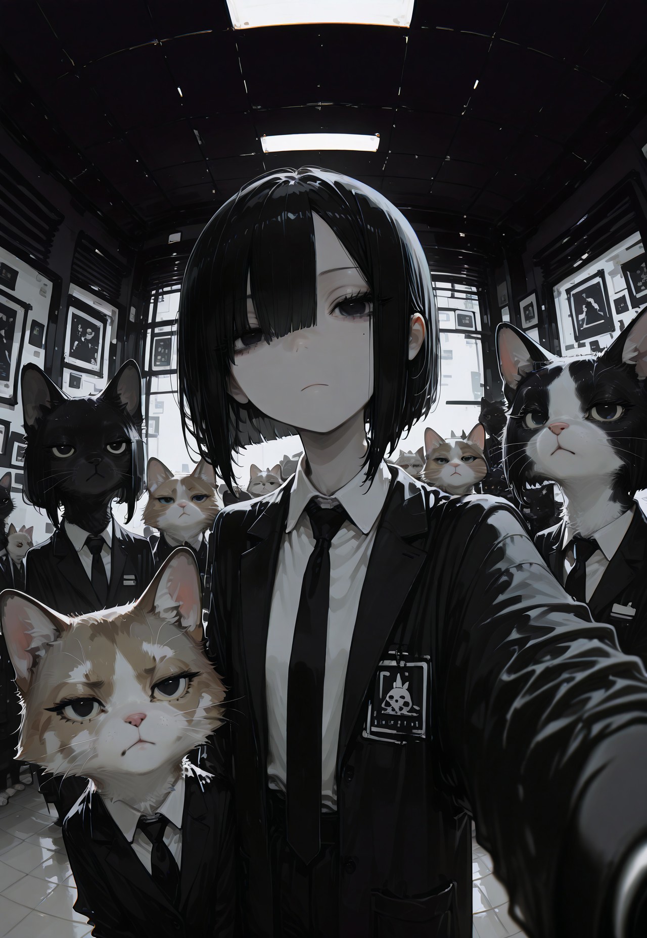 masterpiece, newest,absurdres,incredibly absurdres, best quality, amazing quality, very aesthetic,no lineart,no outline, scenery, 1girl, solo, black hair, bob cut, asymmetrical bangs, hair between eyes, black eyes, mole under eye, detailed eyes, eyelashes,  expressionless, black business suit, collard shirt,tie, looking at viewer,group selfie, hand in pocket, (fisheye:1.2), animal, animal focus,grumpy cat, indoors, hotel corridor, spot light, ceiling,floor, dark theme, flat colors, chromatic aberration, r17329_illu,S4bit4mago_illu