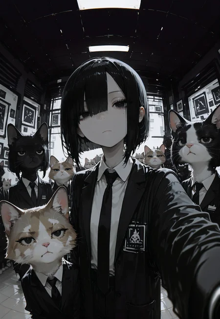 masterpiece, newest,absurdres,incredibly absurdres, best quality, amazing quality, very aesthetic,no lineart,no outline, scenery, 1girl, solo, black hair, bob cut, asymmetrical bangs, hair between eyes, black eyes, mole under eye, detailed eyes, eyelashes, expressionless, black business suit, collard shirt,tie, looking at viewer,group selfie, hand in pocket, (fisheye:1.2), animal, animal focus,grumpy cat, indoors, hotel corridor, spot light, ceiling,floor, dark theme, flat colors, chromatic aberration, r17329_illu,S4bit4mago_illu