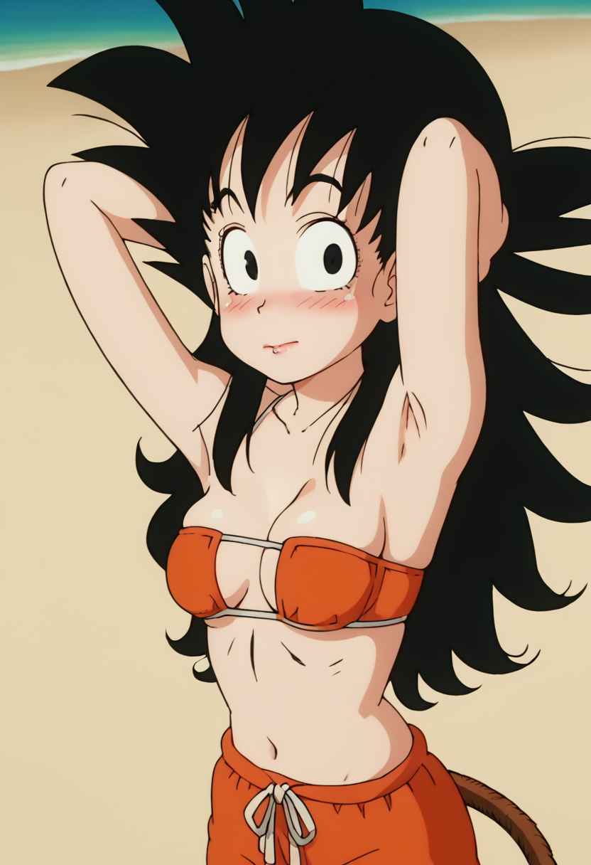 score_9, score_8_up, score_7_up , , source_anime, intricate details, masterpiece, high quality, prefect hands, best quality,, 1girl, solo,  anime screencap,
beach ,
orange bikini
, blush ,looking at viewer,
shy,  adjusting hair , armpit ,
, GGoku , black hair, black eyes, big eyeballs , spiked hair , long hair  , monkey tail ,   eyelash , lips  , cute ,  medium breast , breast ,    <lora:GGoku-000003:1>