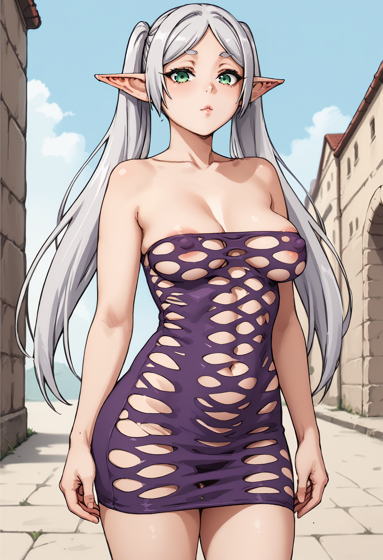 score_9, score_8_up, score_7_up,
1girl, solo,
standing,
looking at viewer, Radiant,
<lora:frieren-ponyxl-lora-nochekaiser:0.7> frieren, long hair, twintails, green eyes, grey hair, pointy ears, elf, 
areola slip, covered nipples, 
Strapless_Pothole_Tube_Dress_SKNSFW,  short dress, strapless dress, Violet dress, 
outdoors, A towering bridge casting a majestic silhouette against the setting sun, a gateway to new destinations., 
 <lora:Strapless_Pothole_Tube_Dress_SKNSFW:0.6>  
<lora:Neromashin Style_FinalVersion:1>