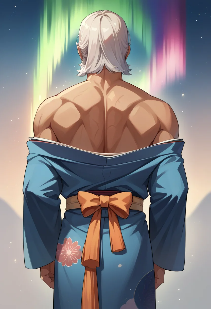 score_9, score_8_up, score_7_up, source_anime, RegalBuisnessman, old man, mustache, beard, medium hair, straight hair, aurora, back, bare back, bare shoulders, bow, from behind, kimono, light particles, long sleeves, off shoulder, <lora:ChamRegalBuisnessmanPonyXL:1.0>