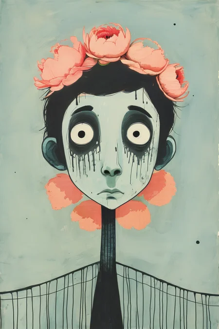 masterpiece,best quality,<lora:tbh384-:0.8>,illustration,style of Jean Jullien decaying peonies
