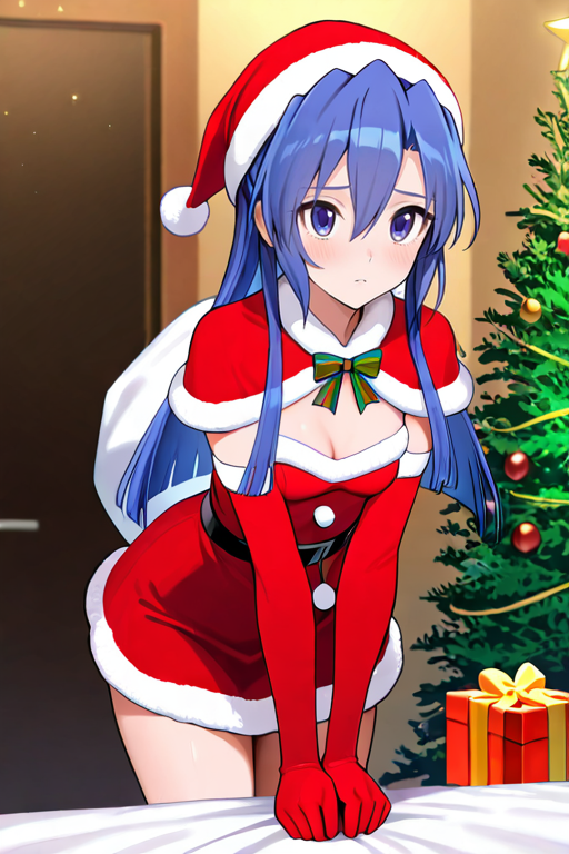 masterpiece, High quality, Ultra detailed, 2d, newest, absurdres, highres, BREAK
1girl, solo, <lora:kazanari_tsubasa_Gear_Inner_Ver:0.8>, kazanari tsubasa, long hair, blue hair, blue eyes, 
small breasts, tsubasaNd, santa costume, santa hat, christmas, sack, merry christmas, gift, fur-trimmed headwear, holding sack, santa dress, fur-trimmed dress, christmas tree, christmas tree, fur trim, red capelet, gift box, red gloves, fur-trimmed capelet, santa gloves, red hat, hat,