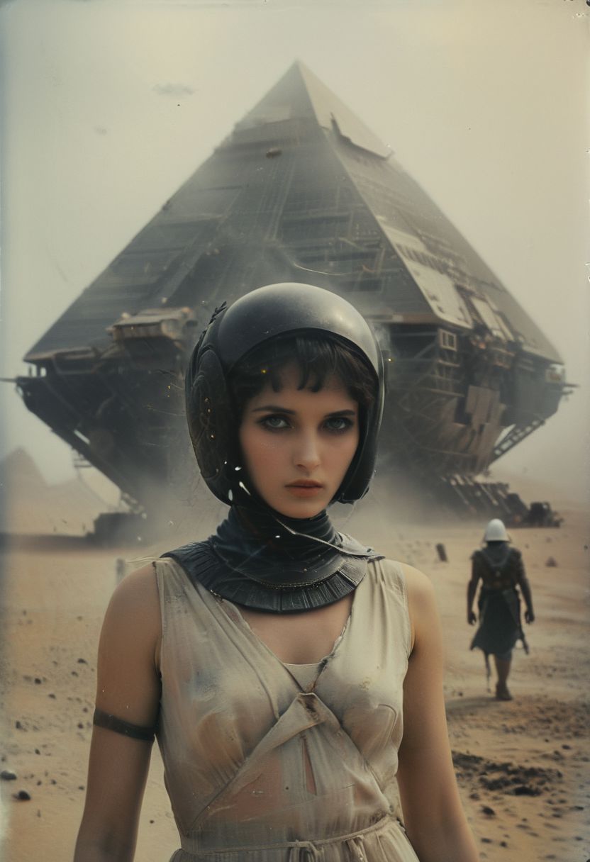 A scene by Franco fontana: Capture the modern casual essence of pale faceless Cyborg alien-Cleopatra with towering egypt crown and ruffled See through dress as she relentlessly gets followed By her neon-pastel followers through an Dusty desert. Wearing a sss laurel wreath
On her head, explore the somber tones and bleak atmosphere in your depiction, emphasizing the eternal struggle and challenge of her royal fate. Infront of the Brand new marble translucent Milky White Pyramids and a giant floating construction space carrier, 
deep Blacks, very detailed, atmospheric haze, Film grain, cinematic film still, shallow depth of field, highly detailed, high budget, cinemascope, moody, epic, OverallDetail, 2000s vintage RAW photo, photorealistic, candid camera, color graded cinematic, eye catchlights, atmospheric lighting, imperfections, natural, shallow dof