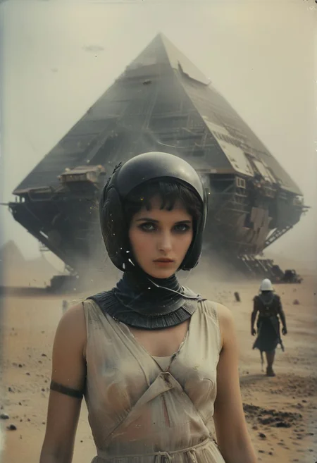 A scene by Franco fontana: Capture the modern casual essence of pale faceless Cyborg alien-Cleopatra with towering egypt crown and ruffled See through dress as she relentlessly gets followed By her neon-pastel followers through an Dusty desert. Wearing a sss laurel wreath
On her head, explore the somber tones and bleak atmosphere in your depiction, emphasizing the eternal struggle and challenge of her royal fate. Infront of the Brand new marble translucent Milky White Pyramids and a giant floating construction space carrier, 
deep Blacks, very detailed, atmospheric haze, Film grain, cinematic film still, shallow depth of field, highly detailed, high budget, cinemascope, moody, epic, OverallDetail, 2000s vintage RAW photo, photorealistic, candid camera, color graded cinematic, eye catchlights, atmospheric lighting, imperfections, natural, shallow dof