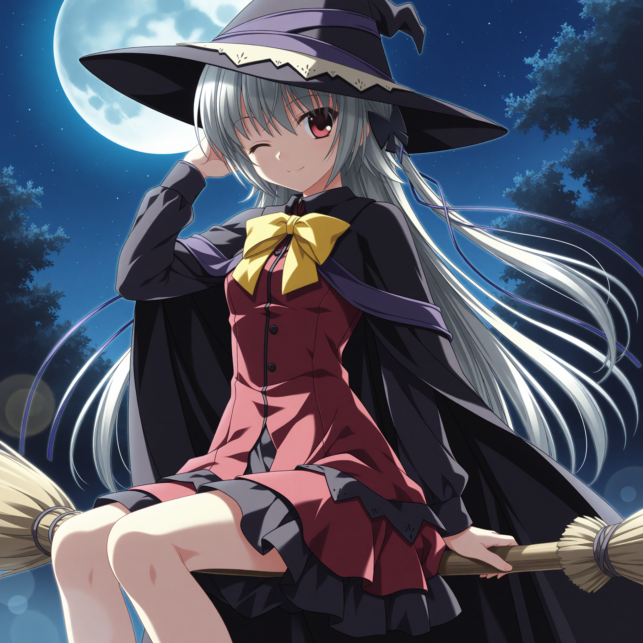 <lora:Kamishiro_Alice_1_nai-000029:1>,Kamishiro Alice,hair ribbon,purple ribbon,hair bow,black bow,witch,witch hat,yellow bowtie,black cape,long sleeves,red dress,layered dress,black dress,
BREAK
1girl,solo,smile,one eye closed,looking at viewer,sitting,broom riding,night,sky,starry sky,full moon,depth of field,lens flare,hand in own hair,arm at side,
