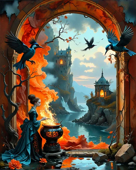 ,profile silhouette against vivid sunset of a djinn bound to fractured lantern crawling through ruins with determination in front of Winslow Homer (coastal realism), Glacial valley with milky-blue streams, kingfisher perched on branch, water-driven forge building,goshawk circling prey.,
wearing molten lava flow silk kimono made of bioluminescent bacterial cellulose with steam-valve shoulder pauldrons,
gothic stained glass mosaic in the style of lena danya, haunted TV screen static glow, witch's cauldron smoke,
obsidian mirror shard reflections, rugged, weather-beaten, patina-layered, hierarchical scale (giant vs miniature), artstation, trending on artstation, highly detailed fantasy art, stocking, intricate, elegant, highly detailed, centered, digital painting, concept art, smooth, sharp focus,
<lora:tbh351-sdxl:0.15> style of Ray Caesar,
<lora:tbh124-sdxl:0.15> style of Jean-Antoine Watteau,
<lora:tbh129-sdxl:0.15> style of Michael Cheval,
<lora:add-detail-xl:0.7>,
<lora:Flux-XL_Scenery:0.15> flux-scenery,
<lora:Flux-style-xl-lora:0.15> flux-style,
<lora:1dkXLP:0.15> 1dk,
<lora:extremely_detailed:0.8> extremely detailed ,
<lora:urotatoXL10a:0.1> ur0tat0xl10a,
