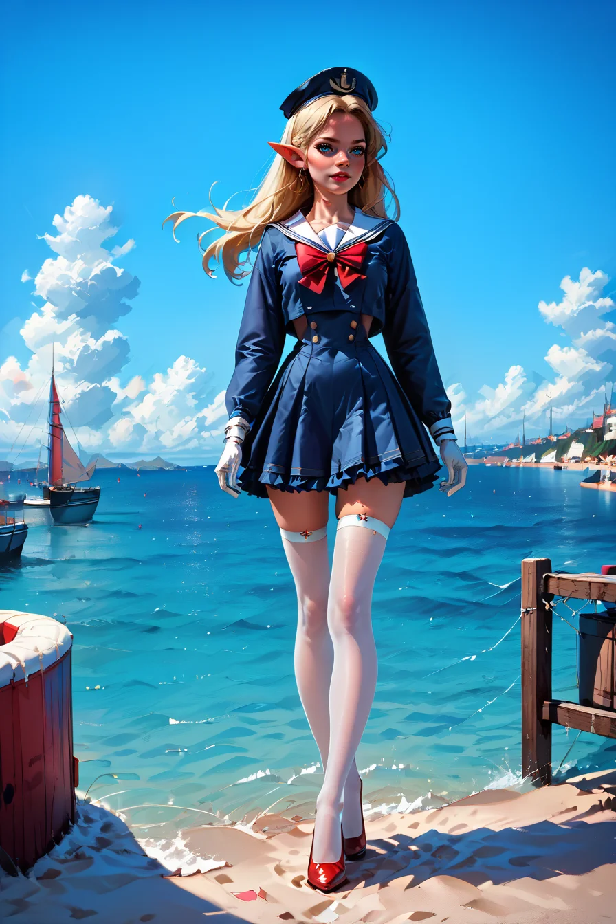 1woman, sexy, petite, skinny legs, long hair, blonde hair, <lora:Sailor:1> Jed-Salr, Navy Blue Mini Dress, White Trim, White Sailor Collar, Nautical Stripes, White Thigh-High Stockings, Red Heels, Sailor Hat, White Gloves, Sailor Cuffs, White Petticoat, walking on a coastline,, score_9, score_8_up, score_7_up, score_6_up, score_5_up, score_4_up, <lora:K040790P:0.4> 040790P, woman, elf, 24 years old, <lora:Breast Slider - Pony_alpha1.0_rank4_noxattn_last:1>, (tiny waist, flat stomach, narrow hips), <lora:Aesthetics_Enhancer_pony:0.8> EnhanceImage