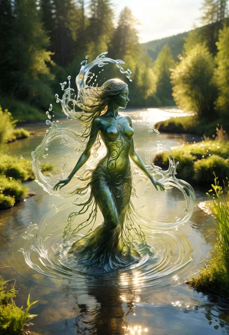 water elemental, transparent water, dancing water figure, openwork filigree swirls, film grain, detailed river background, wet surface, water surface, (meadow, forest:0.5), (shimmering sun:0.5), magical