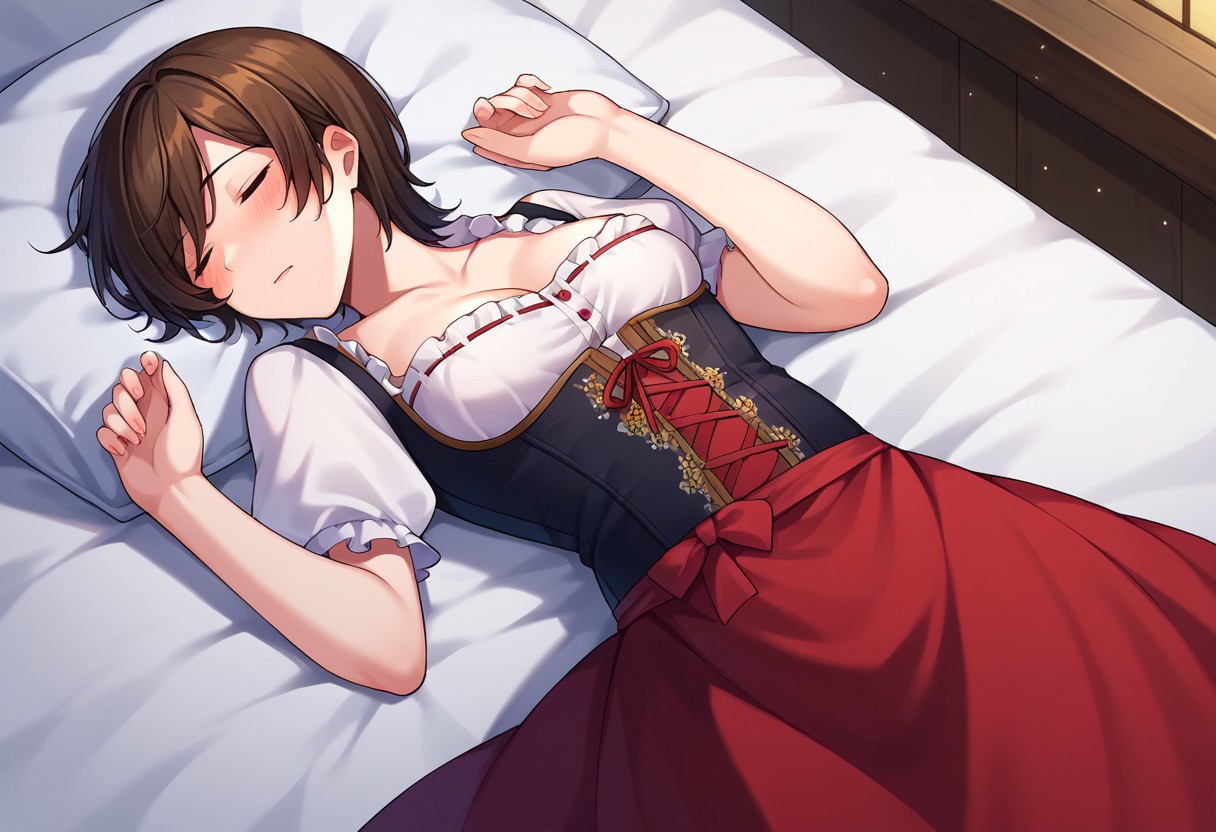 score_9, score_8, score_7, source_anime, dirndl, sleeping, drunk