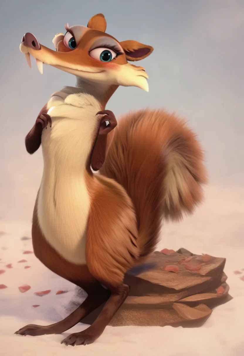 zPDXL, score_9,score_8_up,score_7_up,_up, best quality, amazing quality, masterpiece, 1girl, looking at viewer, solo, fullbody, blush, <lora:Scratte-04:1>, scratte, squirrel, fangs, saber-toothed, blue eyes, fluffy tail, red-brown fur,