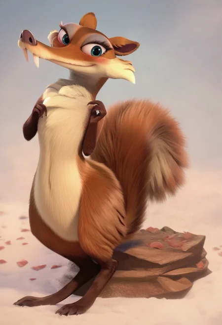 zPDXL, score_9,score_8_up,score_7_up,_up, best quality, amazing quality, masterpiece, 1girl, looking at viewer, solo, fullbody,  blush,  <lora:Scratte-04:1>, scratte,  squirrel,  fangs,  saber-toothed,  blue eyes, fluffy tail, red-brown fur,