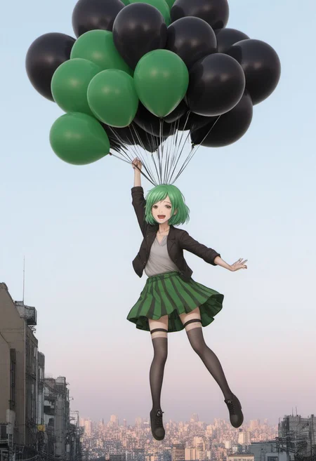 An anime Illustration of a pretty woman with green hair being held aloft by black balloons