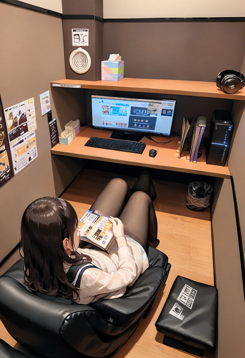 masterpiece, best quality, very aesthetic, absurdres,
necafe, scenery, 1girl, solo, computer, monitor, chair, black hair, sitting, book, striped, pantyhose, headphones, indoors, desk, lamp
 <lora:netcafe_SDXL_V1:1>