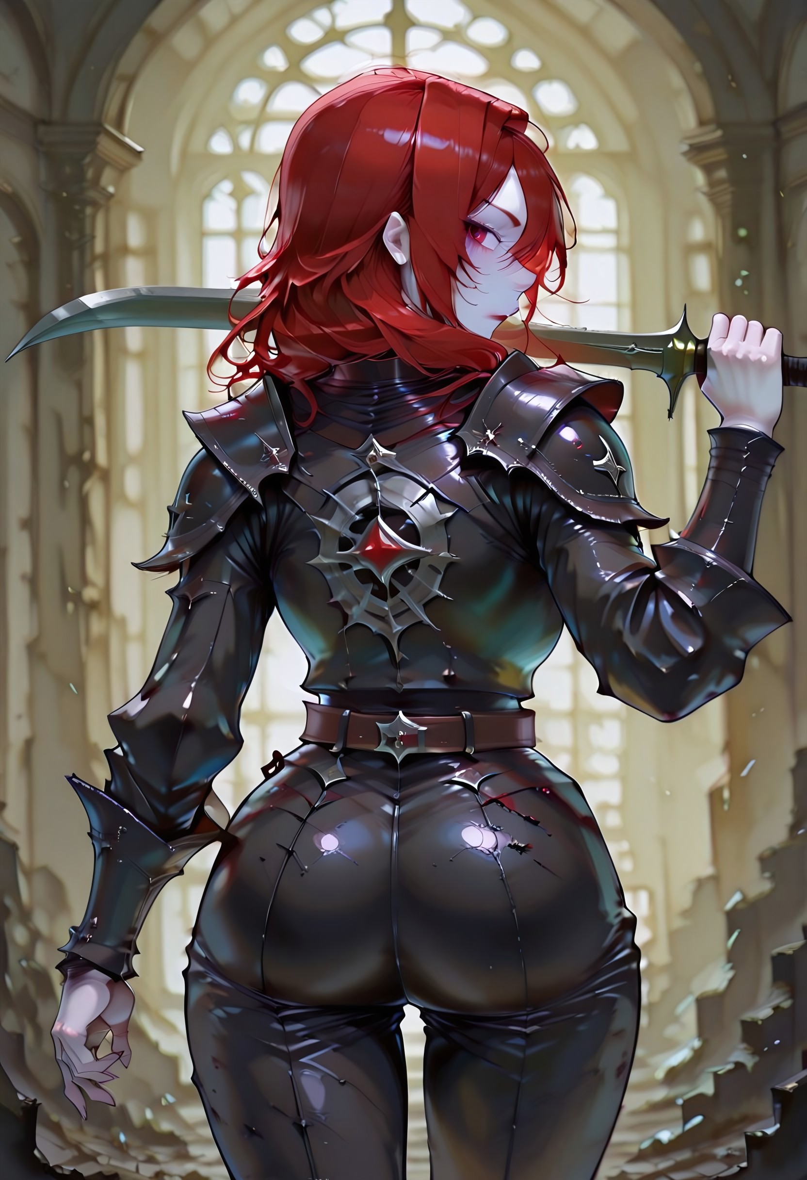 masterpiece, best quality, highres, absurdres, amazing quality, high resolution, 
Red Eyes, Red Hair, pale skin, Black Medieval Armor, leather straps
curved blade
weapon over shoulder, from behind, holding weapon, looking back,