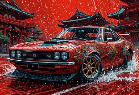 Finely detailed vector illustration, classical sports car, japanese oni, symbiosis, ultra realistic quality, interwoven pattern, red background, hyperdetailed, intricately detailed,  triadic colors,fantastical,intricate detail,splash screen,complementary colors, fantasy concept art, 8k resolution, masterpiece, oil painting, thick strokes, rich strokes, running drops,