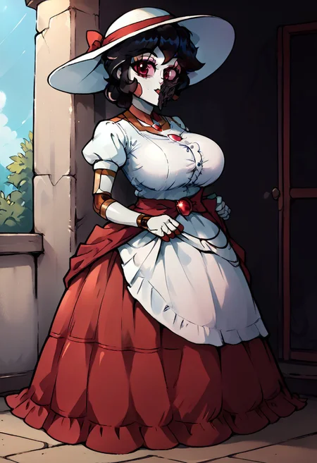 zPDXL3, score_9, score_8_up, score_7_up, score_6_up, score_5_up, score_4_up, Aria, IncrsPchVacation, short black hair, red skirt, sun hat, puffy sleeves, white shirt, long skirt, puffy short sleeves, short sleeves, white headwear, high heels, shirt, jewelry, white skin, pale skin, robot joints, large breasts, looking at viewer,