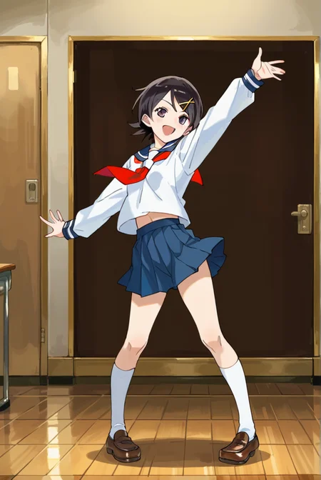 score_9, score_8_up, score_7_up, best quality, masterpiece, source_anime, anime screenshot,  BREAK,  1girl, school uniform, fuuka kakfuka, <lora:fuuka_kafukaz:1> in class room, Dancing with one hand above the head,