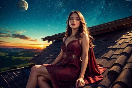 Best Quality, masterpiece , high resolution, a seductive girl, look up the sky, lovely face, close up,Wearing a silky evening dress, bare foot, sitting on a roof, playing an acoustic guitar, windy hair, anatomically correct0perfectly proportions0detailed skin textures0Detailed fabric texture0Angle looking up from below0character focus,European girl: 1.1, extremely detailed face,full moon, night sky , outdoor, centered character, OverallDetail,