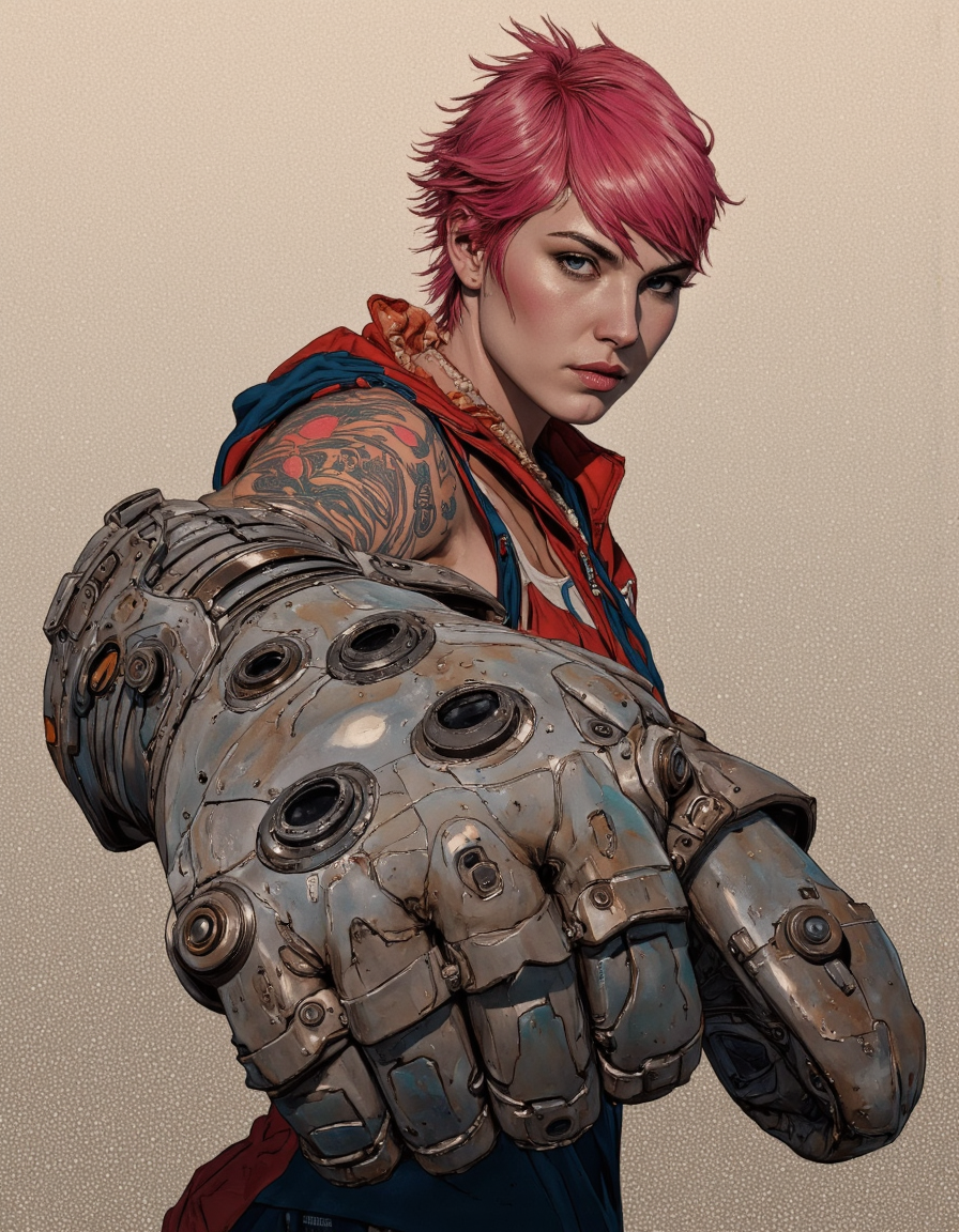 By Phandigrams. A digital illustration shoot from a portrait angle about a stylized female character with vibrant pink hair and tattoos, holding a large, futuristic glove in a confident pose. the image also shows intricate details on the armor and tattoos on her arms. on the middle of the image, a young woman with short, spiky pink hair appears to be looking directly at the viewer with a serious expression. she has blue eyes and is wearing a sleeveless, red jacket with a blue top underneath. her hair is styled in a mohawk and she has a tattoo on her right arm. she is standing with her upper body facing the viewer and her eye direction is looking to the side. the background is a plain beige color.