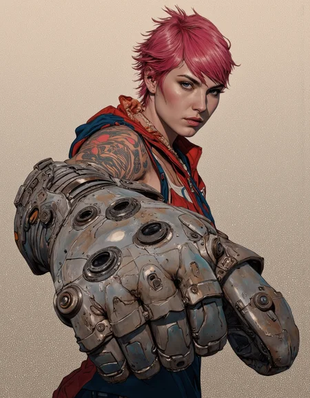 By Phandigrams. A digital illustration shoot from a portrait angle about a stylized female character with vibrant pink hair and tattoos, holding a large, futuristic glove in a confident pose. the image also shows intricate details on the armor and tattoos on her arms. on the middle of the image, a young woman with short, spiky pink hair appears to be looking directly at the viewer with a serious expression. she has blue eyes and is wearing a sleeveless, red jacket with a blue top underneath. her hair is styled in a mohawk and she has a tattoo on her right arm. she is standing with her upper body facing the viewer and her eye direction is looking to the side. the background is a plain beige color.