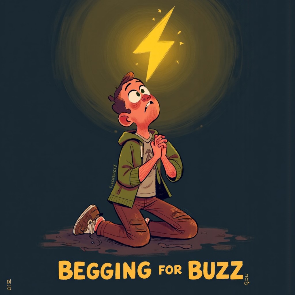 A man kneeling on the ground with hands clasped in prayer, a desperate expression on his face, looking up at a yellow stylized bolt icon glowing above him. Below the scene are the words "Begging for Buzz" in bold text. He wears a tattered green hoodie over a plain gray T-shirt, paired with worn-out brown pants and frayed sneakers. The gradient background shifts from dark blue at the base to a soft golden glow at the top, highlighting the bolt.