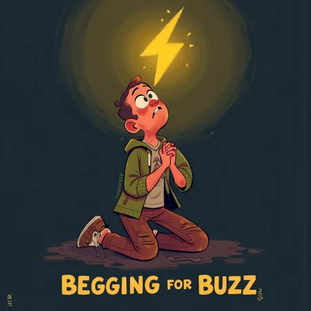A man kneeling on the ground with hands clasped in prayer, a desperate expression on his face, looking up at a yellow stylized bolt icon glowing above him. Below the scene are the words "Begging for Buzz" in bold text. He wears a tattered green hoodie over a plain gray T-shirt, paired with worn-out brown pants and frayed sneakers. The gradient background shifts from dark blue at the base to a soft golden glow at the top, highlighting the bolt.