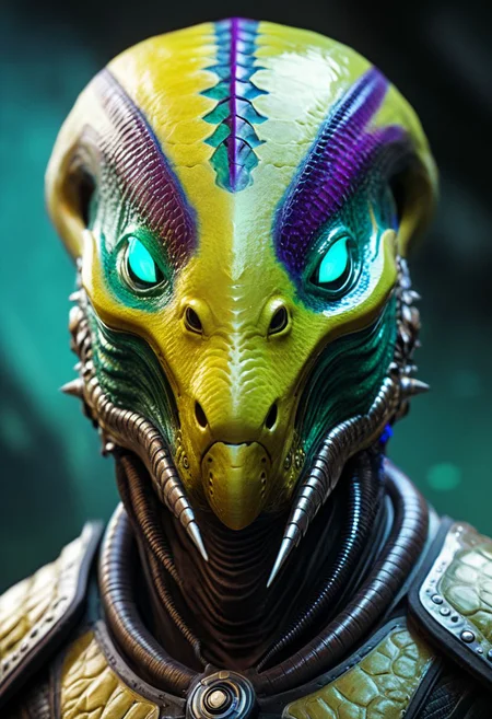 ultra realistic, realism, aquatic, reptilian fish alien, Genestealer, cinematic, mechanical face mask, indentation, beveling, edge bevels, wearing leather science fiction armor, without helmet, no helmet, exudes confidence and power, talons, claws, crustacean, Colors: yellow and turquoise and violet, volumetric lighting, realistic subsurface scattering , cinematic low-key portrait photography, hyper detailed, texture, 8k, HD, UHD, perfect texture, featured on Artstation, top of Pinterest, (((no eyes)))