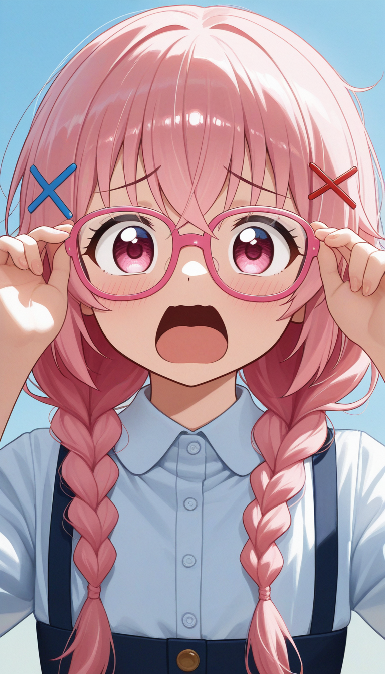 (masterpiece, best quality), amazing quality, very aesthetic, absurdres, highres, newest, HDR, 8K, anime style, chiaroscuro, impasto, intrinsic light, luster, shiny color, strong coloring, masterful shading,
1girl, moeta kaoruko, \(comic girls\), pink hair, pink eyes, twin braids, x hair ornament, hairclip glasses, adjusting glasses, pink-framed eyewear, meme face, >_<, screaming, shy, blurry foreground,