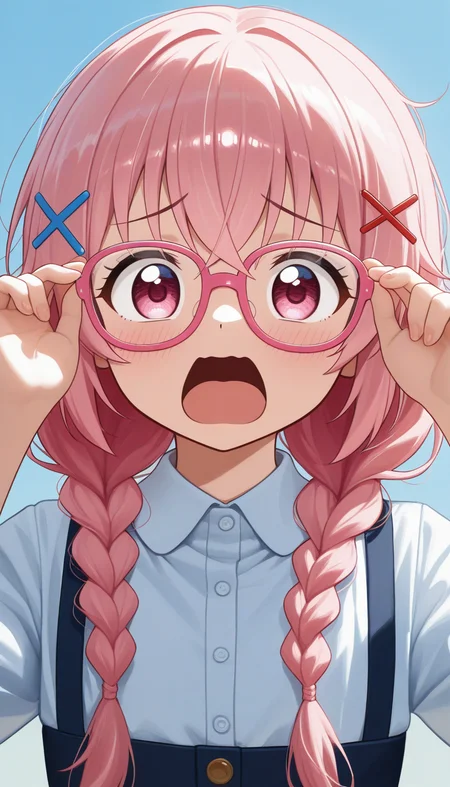 (masterpiece, best quality), amazing quality, very aesthetic, absurdres, highres, newest, HDR, 8K, anime style, chiaroscuro, impasto, intrinsic light, luster, shiny color, strong coloring, masterful shading,
1girl, moeta kaoruko, \(comic girls\), pink hair, pink eyes, twin braids, x hair ornament, hairclip glasses, adjusting glasses, pink-framed eyewear, meme face, >_<, screaming, shy, blurry foreground,