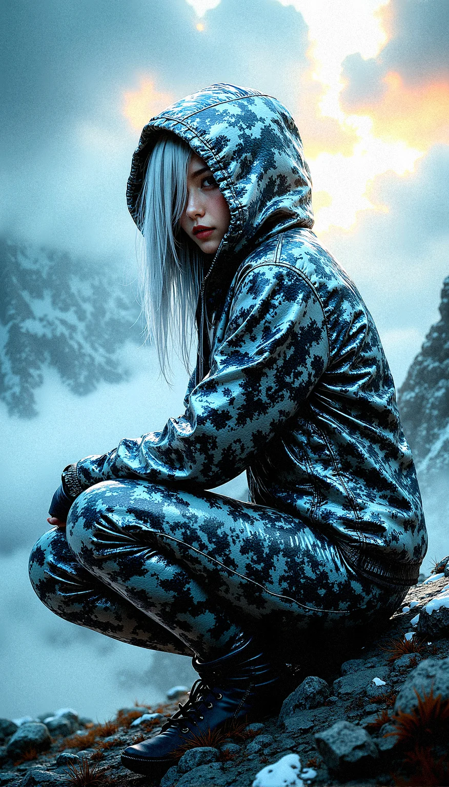A mysterious beauty is the focal point of this intricate digital artwork, her shining silver hair barely visible beneath a hooded jacket adorned with an intricate cloud print pattern. The jacket is made of a reflective, almost metallic material that catches and refracts light in complex ways, creating a visually stunning texture. The figure’s eyes are hidden in the shadows of the hood, adding to the air of mystery and intrigue. The background features a dramatic, on a cold mountain summit, cloud-filled sky, rich with vibrant colors and swirling patterns, as if nature itself is in turmoil or transition. The lighting is intense, with beams of light cutting through the clouds, casting dynamic shadows across the figure’s face and clothing. The overall composition is highly complex, with rich, saturated colors and extreme detail, making every element—from the texture of the jacket to the vibrant sky—stand out with striking clarity and depth.

Crouching with one knee on the ground,