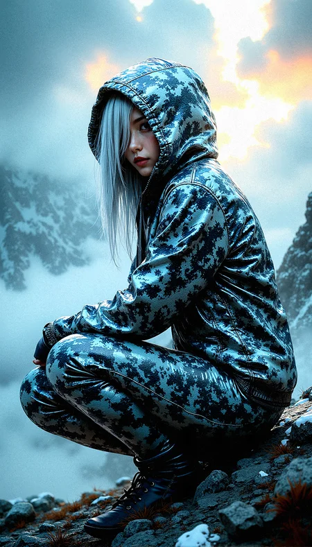 A mysterious beauty is the focal point of this intricate digital artwork, her shining silver hair barely visible beneath a hooded jacket adorned with an intricate cloud print pattern. The jacket is made of a reflective, almost metallic material that catches and refracts light in complex ways, creating a visually stunning texture. The figure’s eyes are hidden in the shadows of the hood, adding to the air of mystery and intrigue. The background features a dramatic, on a cold mountain summit, cloud-filled sky, rich with vibrant colors and swirling patterns, as if nature itself is in turmoil or transition. The lighting is intense, with beams of light cutting through the clouds, casting dynamic shadows across the figure’s face and clothing. The overall composition is highly complex, with rich, saturated colors and extreme detail, making every element—from the texture of the jacket to the vibrant sky—stand out with striking clarity and depth.
Crouching with one knee on the ground,