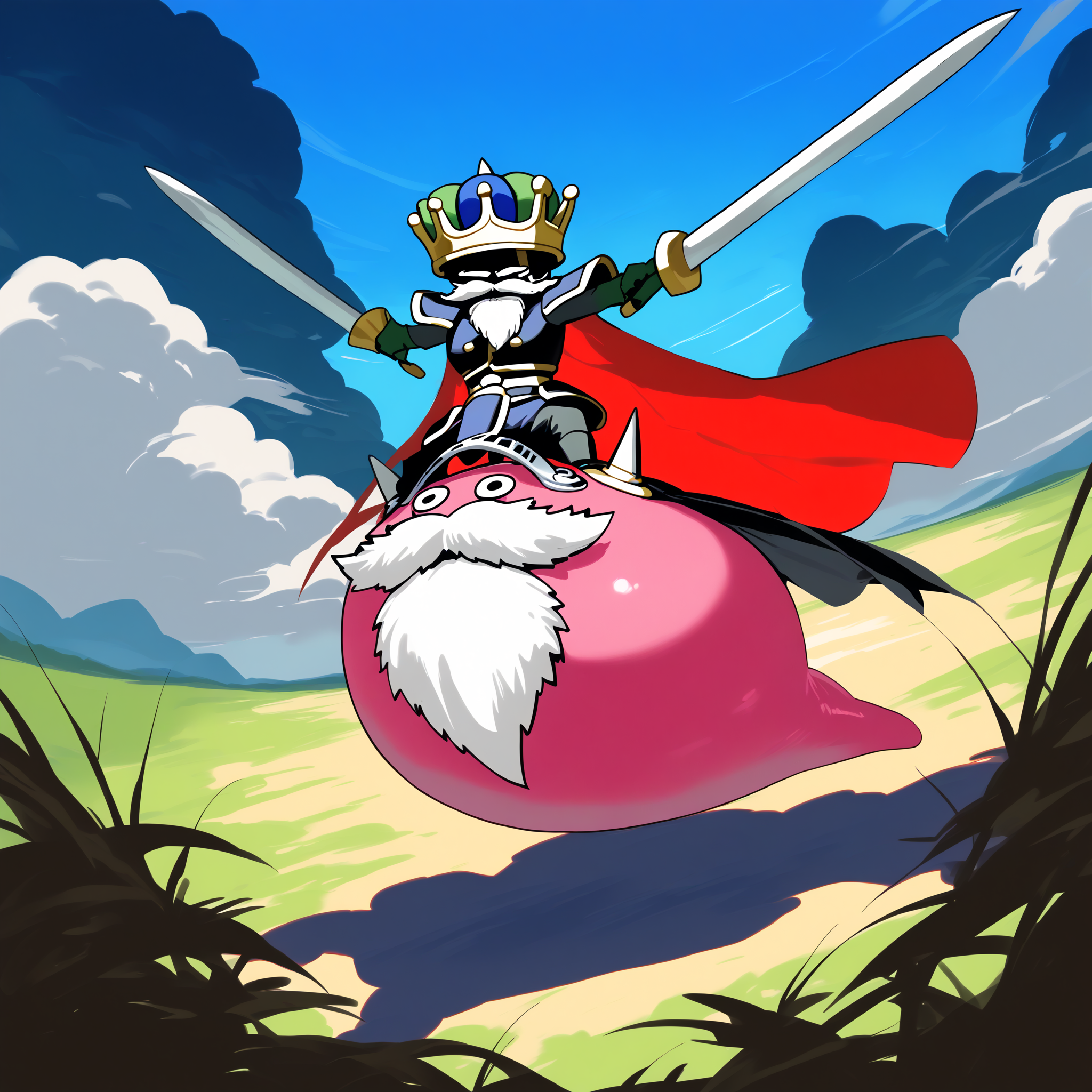 score_9,score_8_up,score_7_up,best quality,masterpiece,super detailed,extreme detailed,full_body,zPDXL BREAK nature,field,
<lora:Pony_DetailV2.0:1> BREAK shogum,slime (dragon quest),armor,beard,cape,crown,dual wielding,holding sword,no humans,riding,<lora:shogum-000028:1>,sketch,