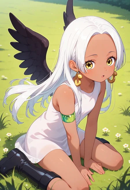 best quality, masterpiece, aass, long hair, white hair, dark-skinned female, earrings, yellow eyes, star-shaped pupils, black wings, white dress, sleeveless, armlet, knee boots, black footwear, <lora:s-snake_ilxl_v1:0.9>, on floor, wariza, :o, grass,