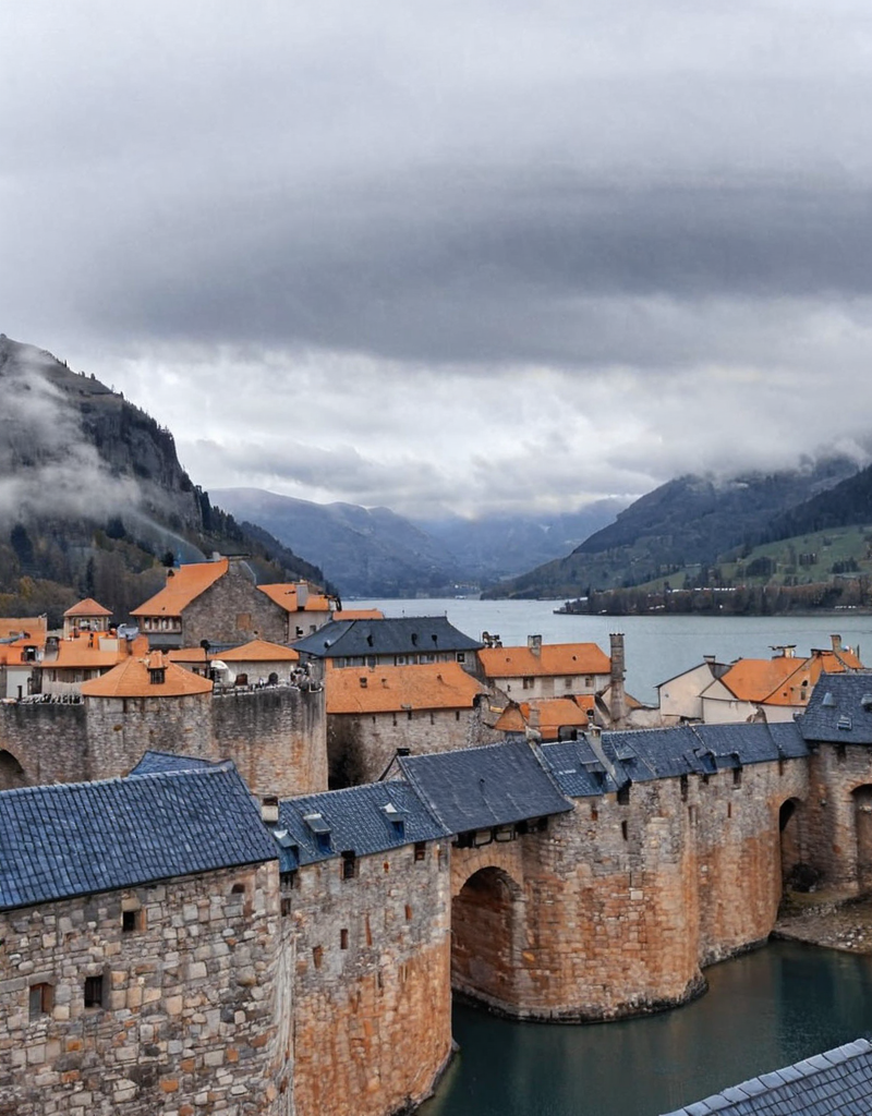 <lora:YCO_xl_F1c:1> yco_xl, fortified town, grey and orange and brown colored town wall stones, outside, in height, lake, scenery,  dark blue roofs, misty mountains, on a bridge, clouds,