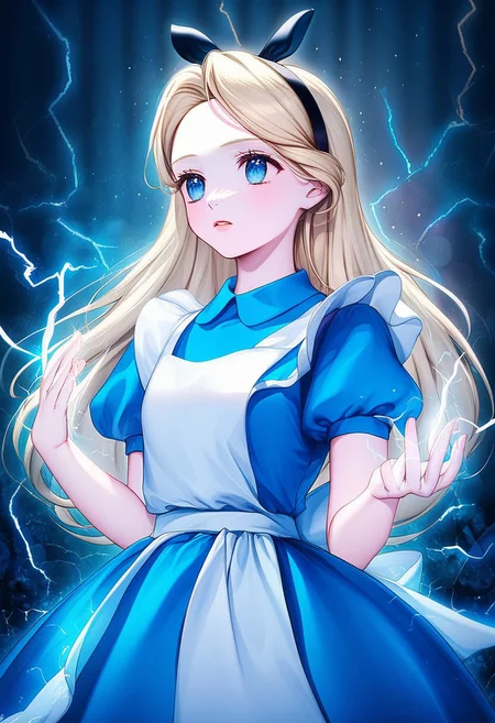 AliceWaifu, blue eyes, blue dress, white pantyhose, apron, black hairband, blonde, electricity, intricate background, bokeh, inspiring, moody lights, neoclassical art style, made from magic, soft pastel candy meadow in background,