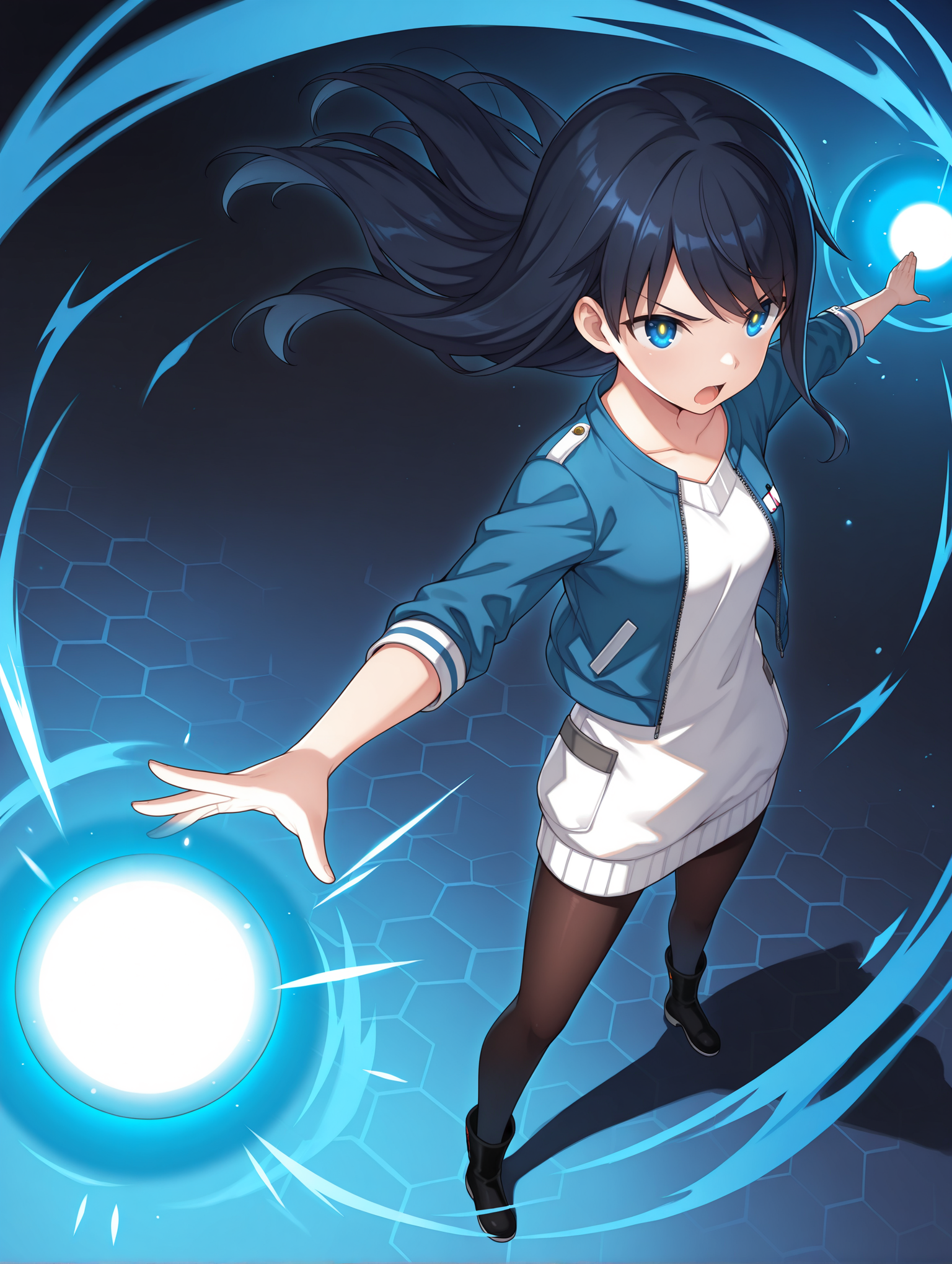 masterpiece,best quality,newest,
1girl,solo,
<lora:k_mutsumi_ilxl_v1.0:1>,k_mutsumi,black hair,long hair,blue eyes,
k_a_s,blue,sweater dress,black_pantyhose,boots,
<lora:Fixhands_anime_bdsqlsz_V1:1>,dynamic_angle,cinematic_angle,glowing eyes,fighting_stance,fighting,(motion_blur:1.3),(motion line:1.2),(speed_lines:1.1),fighting_stance,aura effect,pov,front view,looking ahead,v-shaped eyebrows,honeycomb_background,white_background,simple_background,screaming,light ball,outstretched arms,floating hair,