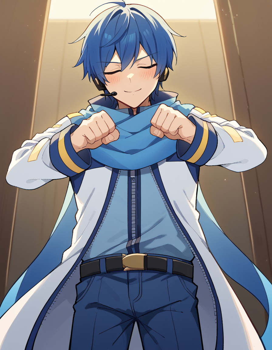 score_9, score_8_up, score_7_up, source_anime, <lora:vocaloid-kaito-ponyxl-lora-nochekaiser:1>, kaito, kaito (vocaloid), blue eyes, blue hair, male focus,, belt, blue pants, blue scarf, blue shirt, coat, headset, microphone, pants, scarf, see-through clothes, zipper, closet, clothes, shelves, hangers, storage, , <lora:shikairo-days-dance-ponyxl-lora-nochekaiser:1>, shikairo days dance, shikairo days dance (meme), dancing, meme, closed eyes, clenched hands, glowsticks, blush, smile,, looking at viewer, solo,, dutch angle, cowboy shot