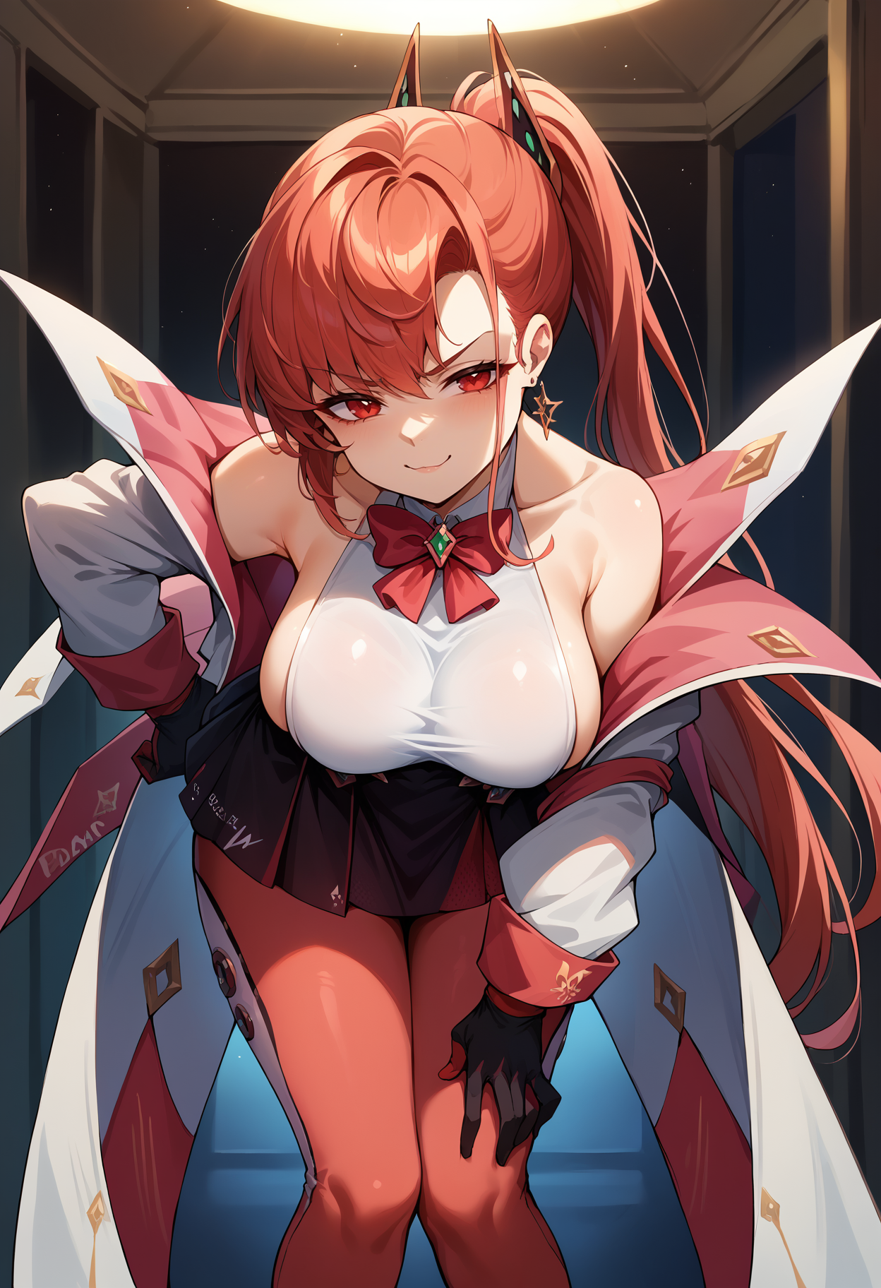 score_9,score_8_up,score_7_up BREAK 1girl,jeloaiken,solo,leaning forward,hand on own chest,hand on own leg,red hair,red eyes,hair ornament,ponytail,earrings,white halter,red bowtie,high-waist skirt,black skirt,two-tone coat,red coat,white coat,off shoulder,two-tone gloves,black gloves,red gloves,red pantyhose,looking at viewer,half-closed eyes,smug,<lora:Aiken-JeloXL-000008:1>,