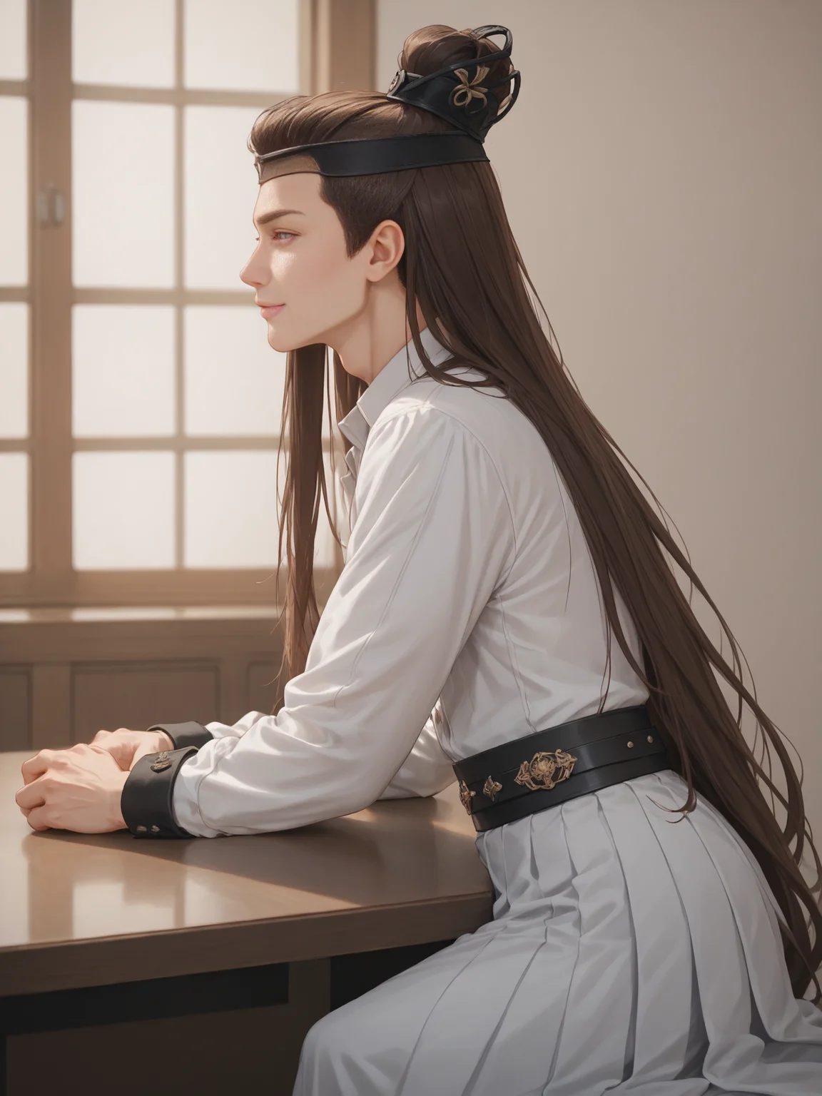 score_9, score_8_up, score_7_up, score_6_up, score_5_up, score_4_up, 1boy, ((profile)), full body, light smile, male focus, yulexuanblk, long pleated dress, topknot, hair bun, simple background, hanfu, long hair, brown hair, hair ornament, belt, toned, <lora:yulexuanblkponyv2:0.75>