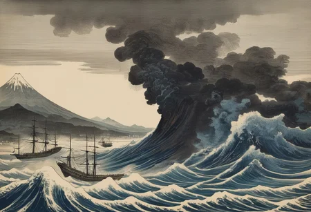 woodcut tokio bay 1865, big black steam powered battleship, gustave dore style, hokusai waves, hokusai mount fuji in the background