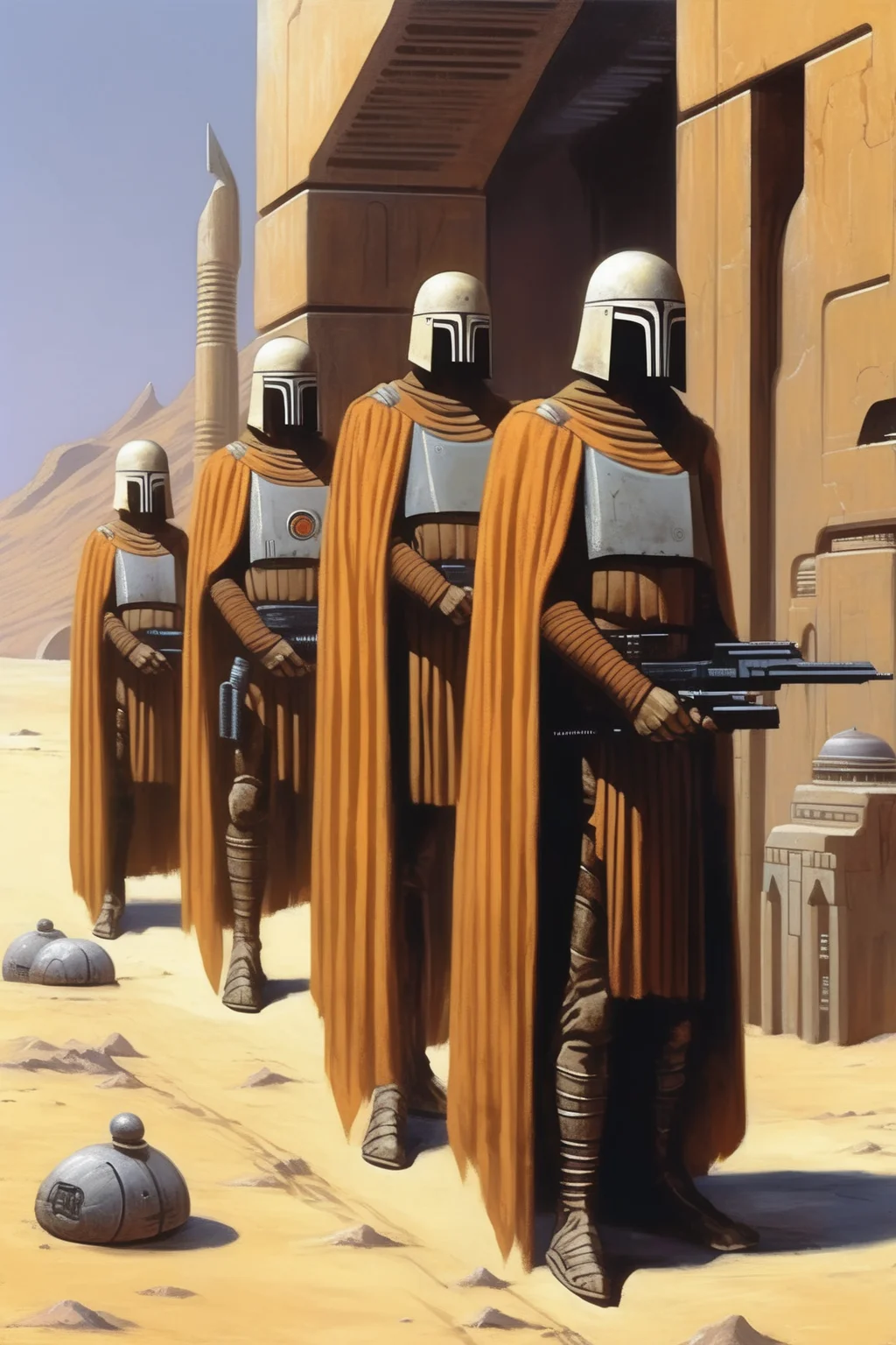 <lora:Angus McKie Style:1>Angus McKie Style - Ralph McQuarrie style painting of sci-fi dystopian ancient ottoman x ancient Roman x blade runner x samurai armoured trooper caliphate unit