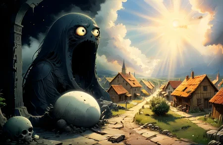 studio ghibli, infuriating puzzle,  darkest small necropolis night of the envy sitting hiding tiny dead wast (landscape:1.1), moon, eclipse, fog, BREAK lovely day of the happy living thriving busy (village:1.1) city, sun, god-rays, highly detailed, landscape, panorama, wide-angle, moody, atmospheric, masterpiece, high resolution, hdr, 8k, composition, shadows, clouds, (complex:1.2), (intricate:1.1),  <lora:- SDXL - vanta-black_contrast_V3.0:0.7>, <lora:- SDXL - otclillsn_impossible_geo_V1.0:0.7>, <lora:dfantasy:0.8>, <lora:The_Simplest:0.8>, <lora:DonMP41n717Bl4ckXL:0.4>, <lora:SDXL - Style - EldritchRomanceIllustration1.3.1:0.4>, <lora:artfullyECHELIER_SDXL_V1:0.4>