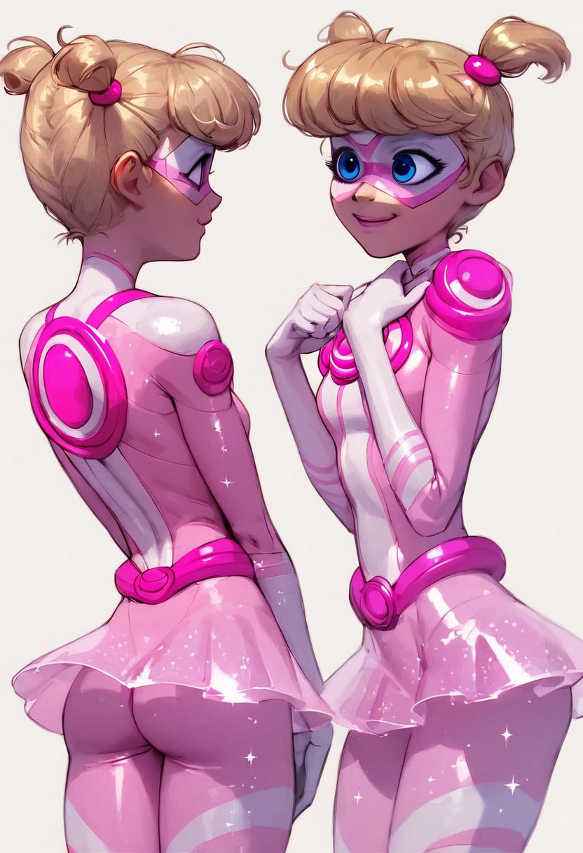 (score_9_up, score_8_up, score_7_up, score_6_up), g0th1c, glowing, Expressiveh, easynegative, high quality, ultra-highres, (Pigella, blonde hair, blue eyes, twintails, short twintails, bangs, pink lipstick, eyelashes, superhero, mask, domino mask, bodysuit, sparkly pink bodysuit, mangeta lines, white V-necked bodysuit, pink skirt, transparent skirt, mini skirt,  white stripes, swirly pattern on her chest, skin tight,), wide hips,  view back, ass, looking over shoulder, kind smile BREAK, , glistening pink, white background