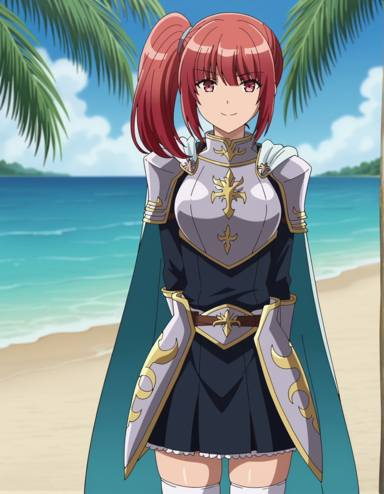 1girl, anime screencap, <lora:VexVexX_Chestille_Lillqvist_PONYXL:1>, ChstilleLillqvist, red hair, side ponytail, bangs, sidelocks, medium breasts,, deep skin, skindentation, seductive smile, detailed skin, glossy skin, armor, shoulder armor, breastplate, skirt, white thighhighs, cape, boots, cowboy shot, from front, standing, hands behind back, legs together, thighs together, looking at viewer, outside, beach, ocean, palm trees,