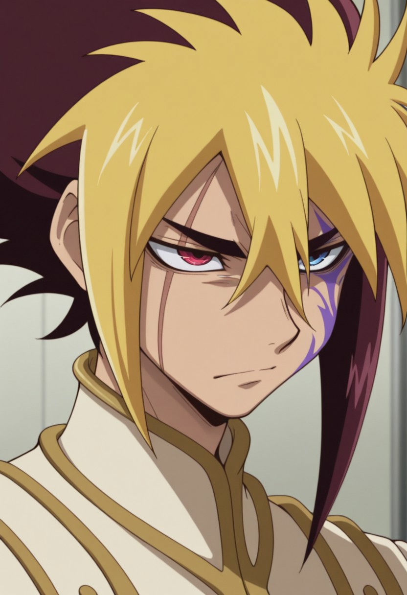 masterpiece,best quality,amazing quality, source_anime, 
Thomrclight, 1boy, male focus, solo, heterochromia, red eyes, blue eyes, scar across eye, purple facial tattoo, multicolored hair, brown hair, blonde hair,  coat, brown coat, portrait,