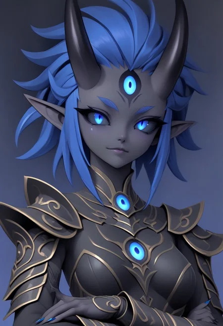 3DMM, te'kharoth, third eye, tail, horns, short hair, messy hair, black sclera, 1girl, blue eyes, armor, crossed arms, upper body, small breasts, ornate armor, fantasy, magical aura, east asian architecture, painted fingernails, sharp fingernails, long fingernails,